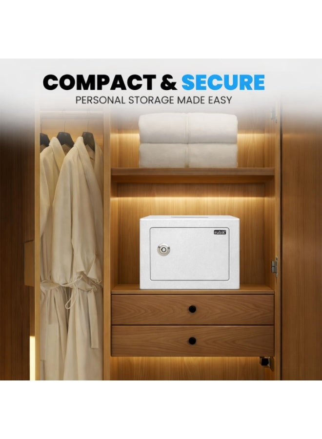 روبيك صندوق أمان صغير أساسي يعمل بالمفتاح مع فتحة (حصالة نقود)، قابل للتركيب على الحائط أو الأرض، مصنوع من الفولاذ مع بطانة ناعمة، للأشياء الصغيرة الثمينة RB-17BK (17x23x17 سم) (أبيض) - Image 3